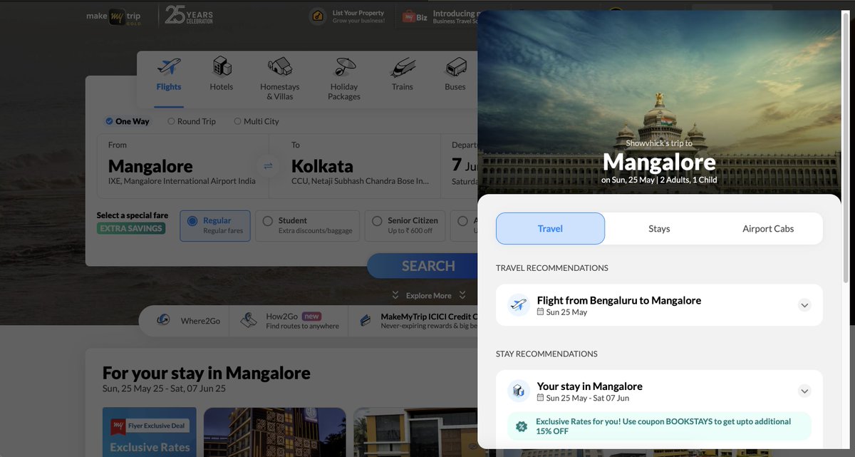 Showvhick's tweet photo. @makemytrip 
As I booked flight from Mangalore, everytime I visit https://t.co/3ACijeFIo3, I see this right side modal which doesn't have any close/skip option. I am using Safari 18.2. Please fix the issue, I always have to do extra steps to search other things. https://t.co/8xTGaZp895