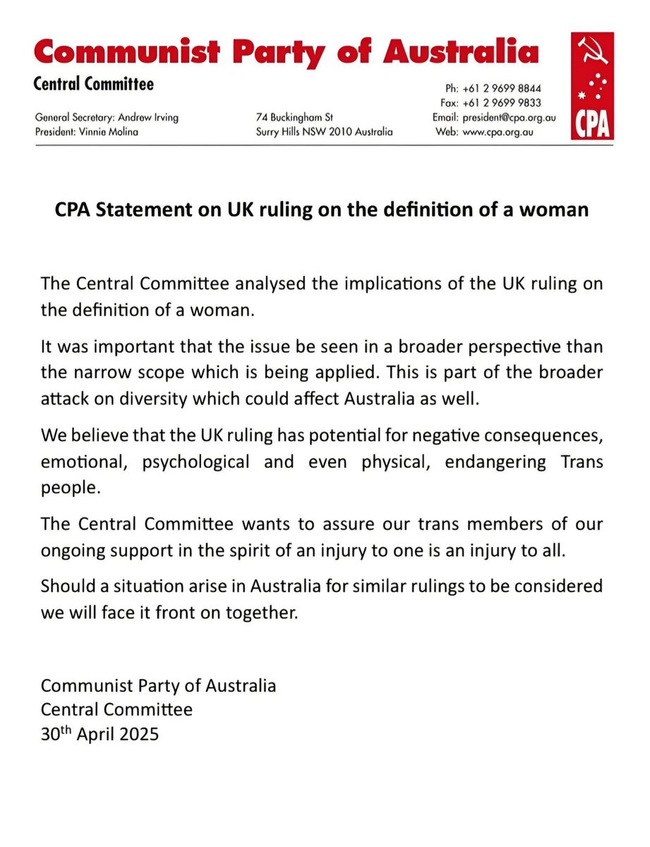 communist_au's tweet photo. CPA statement on UK ruling on the definition of a woman: https://t.co/pYkBYtHtlV