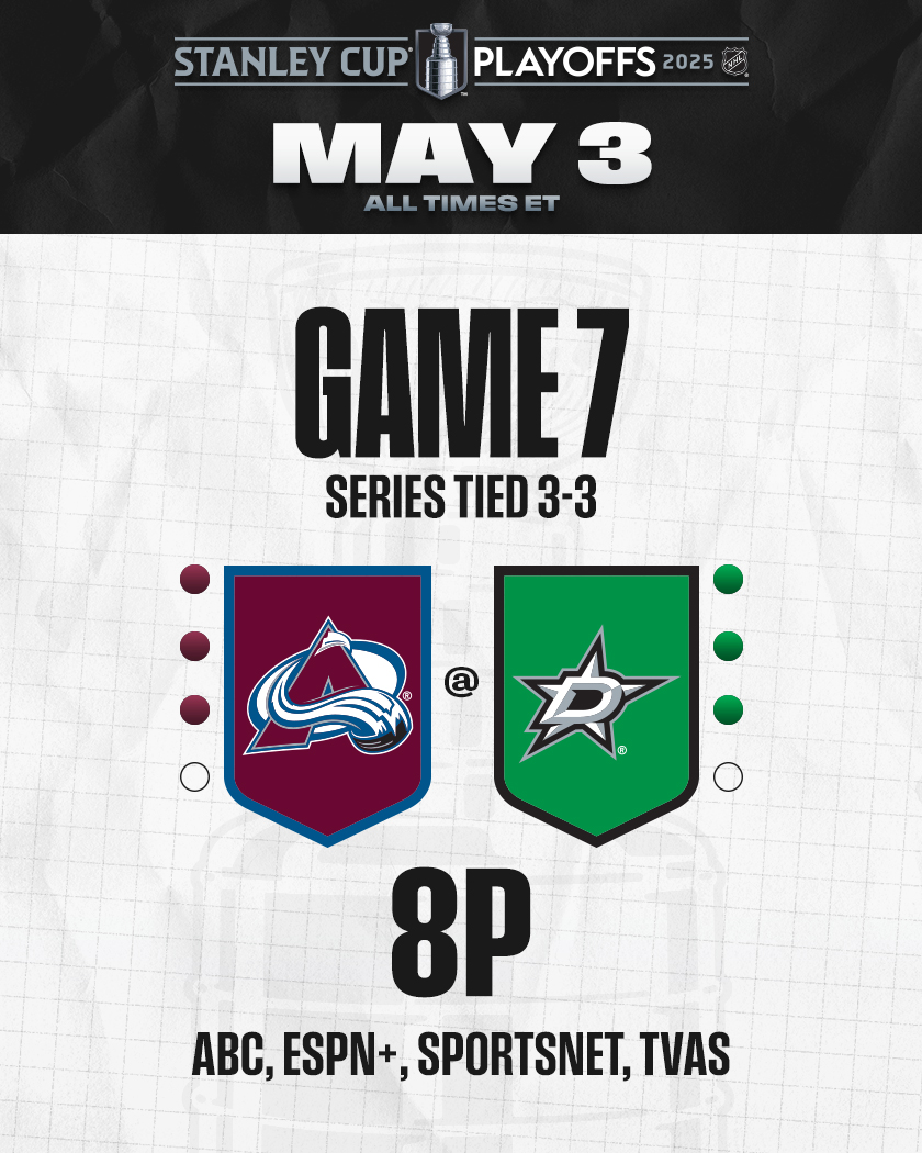 NHL (@nhl) on Twitter photo THIS SHOULD BE GOOD! 🍿 #StanleyCup
The Avalanche/Nordiques franchise has an all-time record of 6-10 in Game 7s, while the Stars/North Stars franchise has an all-time record of 8-9.
Catch #Game7 between the <a href="/Avalanche/">x - Colorado Avalanche</a> and <a href="/DallasStars/">X - Dallas Stars</a> TONIGHT at 8p ET on ABC, <a href="/ESPNPlus/">ESPN+</a>, THIS SHOULD BE GOOD! 🍿 #StanleyCup
The Avalanche/Nordiques franchise has an all-time record of 6-10 in Game 7s, while the Stars/North Stars franchise has an all-time record of 8-9.
Catch #Game7 between the <a href="/Avalanche/">x - Colorado Avalanche</a> and <a href="/DallasStars/">X - Dallas Stars</a> TONIGHT at 8p ET on ABC, <a href="/ESPNPlus/">ESPN+</a>,
