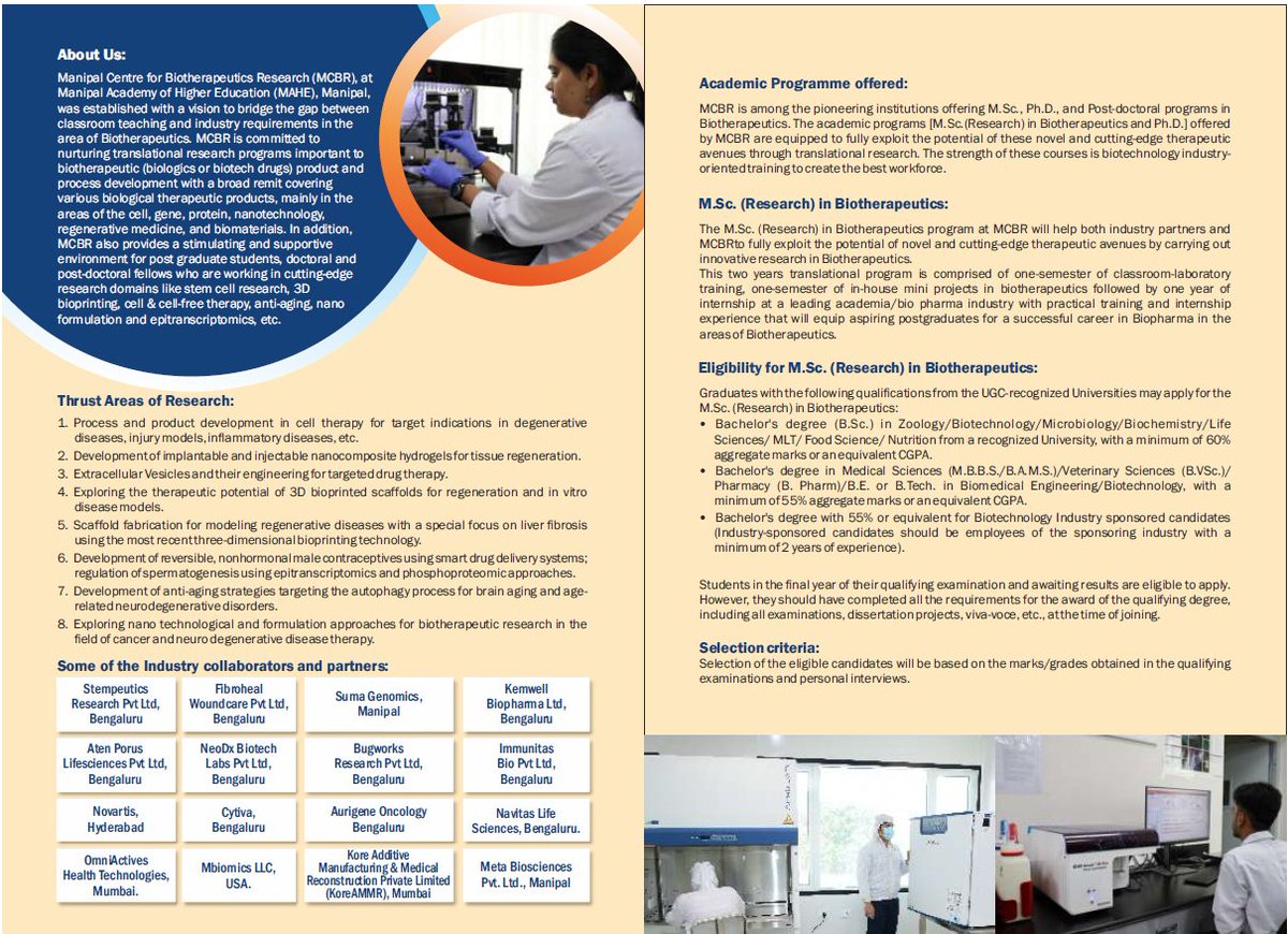MCBR MAHE (@mahemcbr) on Twitter photo Admissions Open!
M.Sc. (Research) in Biotherapeutics 📷
Apply now & take the next step in your research career!
To submit your applications, log on to apply.manipal.edu
Please visit our page manipal.edu/mcbr-manipal.h…
#Biotherapeutics #research <a href="/MAHE_Manipal/">Manipal Academy of Higher Education</a> Admissions Open!
M.Sc. (Research) in Biotherapeutics 📷
Apply now & take the next step in your research career!
To submit your applications, log on to apply.manipal.edu
Please visit our page manipal.edu/mcbr-manipal.h…
#Biotherapeutics #research <a href="/MAHE_Manipal/">Manipal Academy of Higher Education</a>