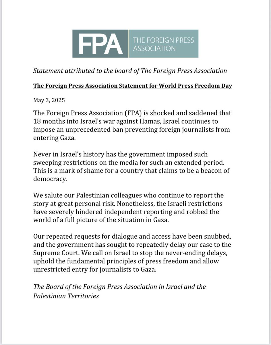 FPAIsPal's tweet image. Foreign Press Association statement for World Press Freedom Day- access into Gaza for journalists
