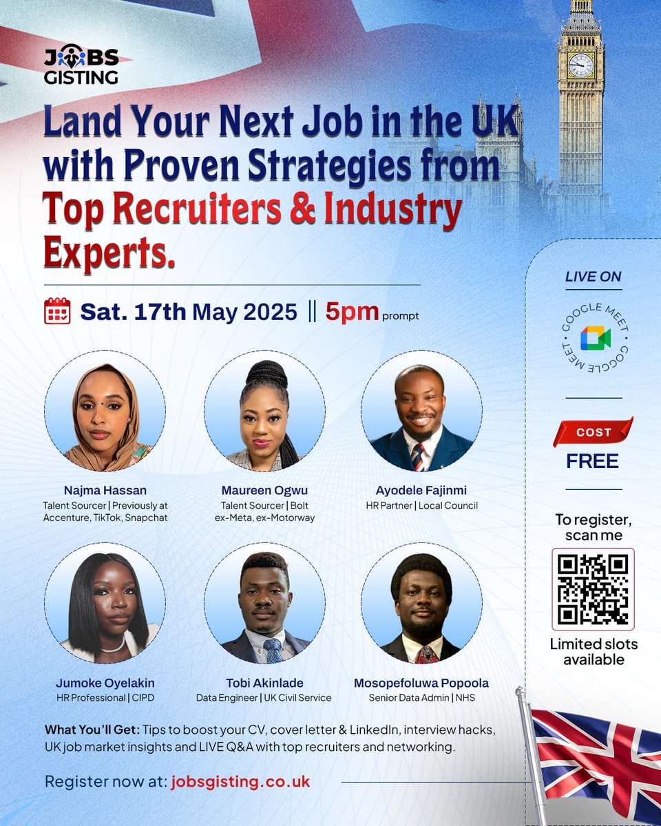 Hi there!

Join us on *Saturday, 17th May for a free live workshop with recruiters and professionals who’ve worked at these organisations. 

🎯 Get expert advice, proven strategies, and real connections. 
🎟️ Limited slots — register now at jobsgisting.co.uk