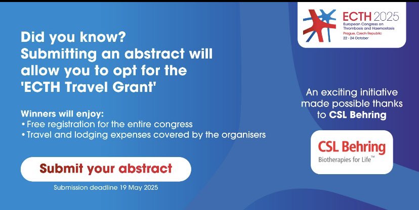 Eugenia de la Morena (@ugedelamorbar) on Twitter photo Take this unique opportunity and submit your abstract before the deadline of 19 May. Learn more about the abstract submission process.👇
lnkd.in/gUPnJcg
#ECTH2025 #Thrombosis #Haemostasis #Prague #CzechRepublic #ScientificCongress Take this unique opportunity and submit your abstract before the deadline of 19 May. Learn more about the abstract submission process.👇
lnkd.in/gUPnJcg
#ECTH2025 #Thrombosis #Haemostasis #Prague #CzechRepublic #ScientificCongress