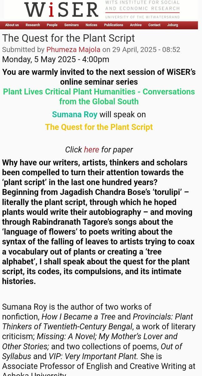 I'll be speaking about my new work on the quest for the plant script over the last hundred years at WISER, University of The Witwatersrand on 5th May. 

In case you're interested, here's the link to join the conversation online: 

wiser.wits.ac.za/event/quest-pl…