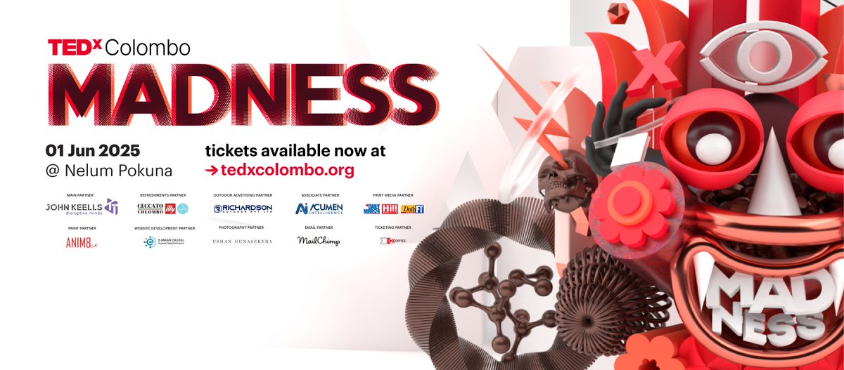 🎟️ TEDxColombo 2025 tickets drop TODAY.
Why? Because some forces can’t be contained.
MADness explores the shifting boundaries of what society deems possible, logical, or even sane. 
Join the insanity at TEDxColombo 2025 - Tickets now available at tedxcolombo.org/tedxcolombo202…