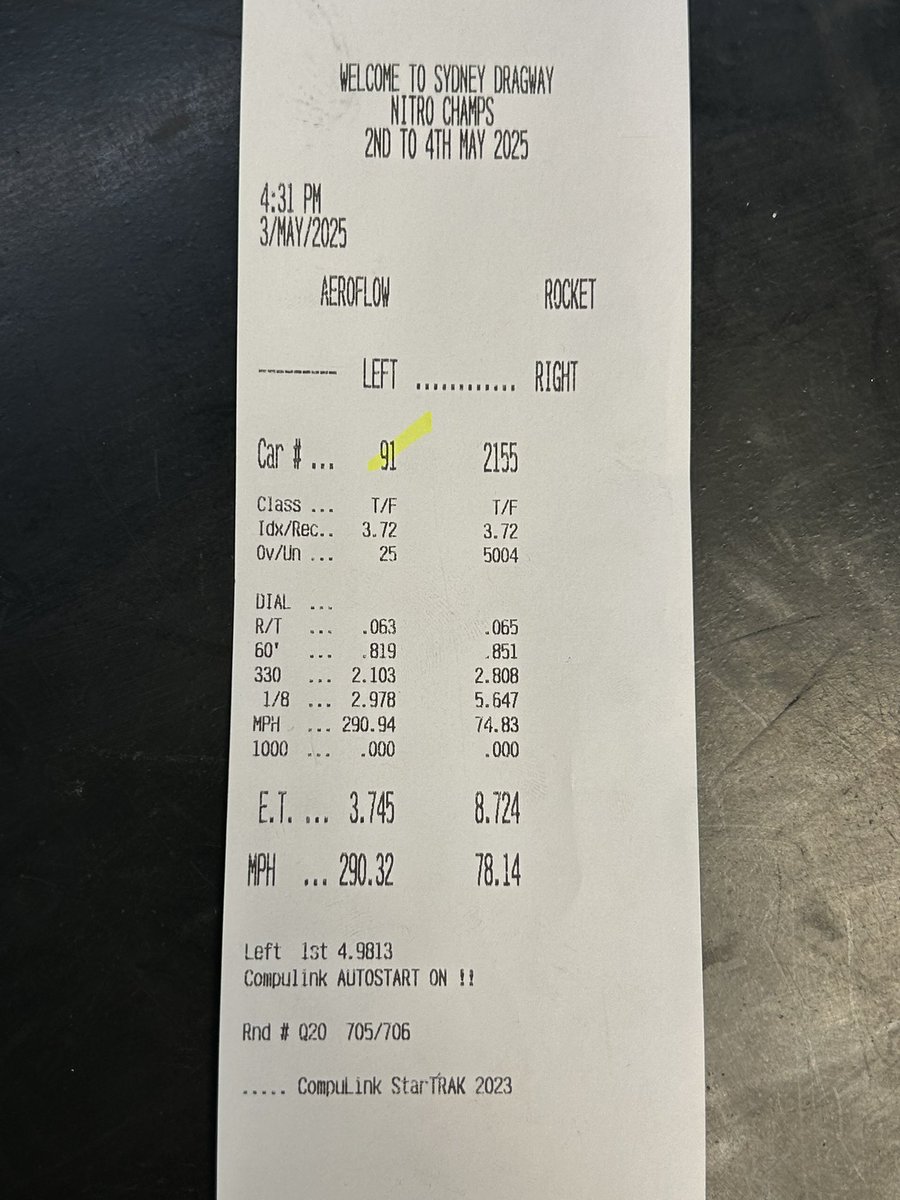 Q2 results. Currently P4. Lost drive belt around 800’.  Great car for raceday. ✌🏻

#nitro #topfuel #dragster #dragracing #motorsports #nhra #ihra #topfuelaustralia #thiscarisapprovedandaffiliatedwiththenhra #sendit #senditfast #justicebrothers #motorsportsunlimited