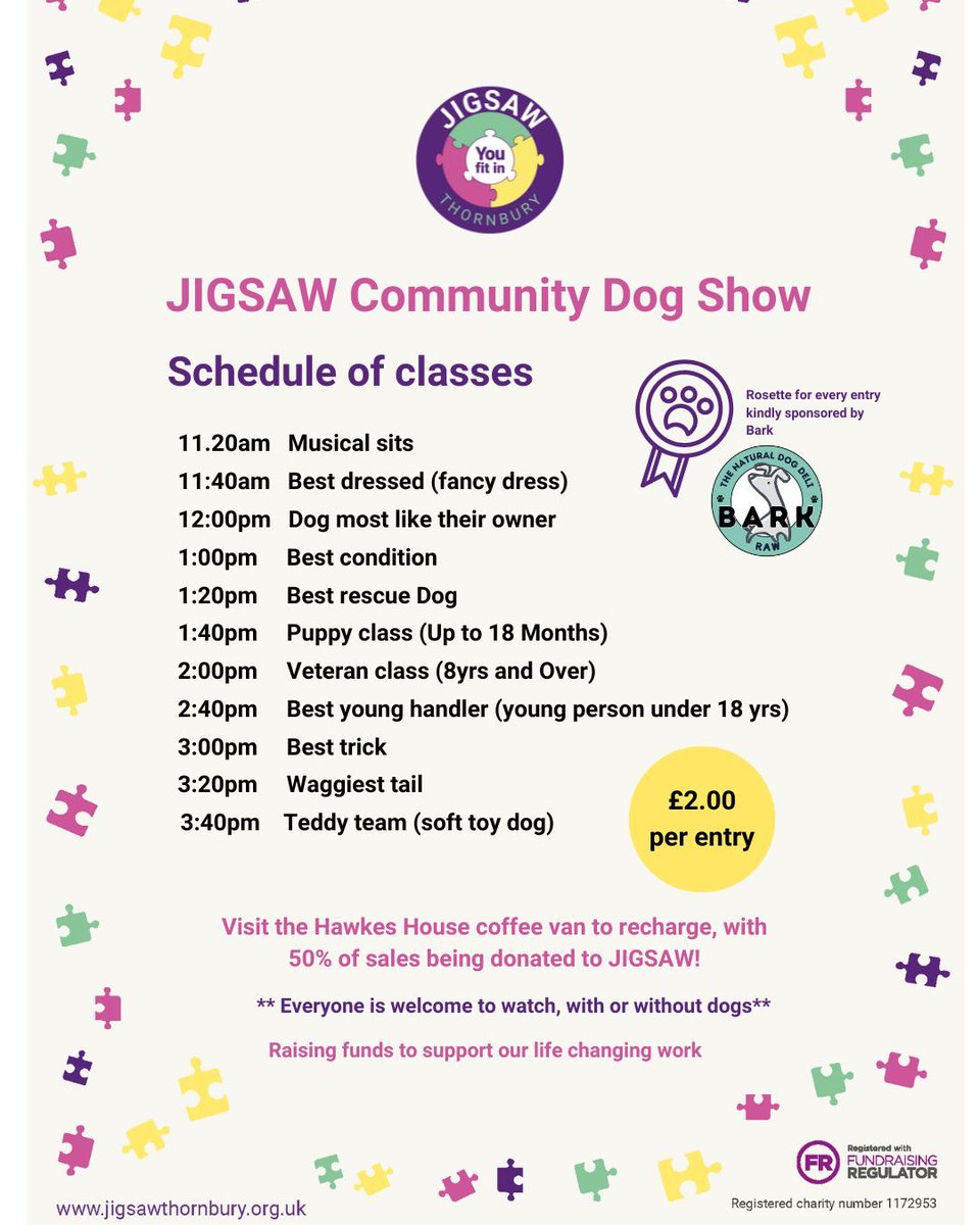 It's today! Join us for some fun at the Thornbury Community Dog Show at St Mary Centre from 10am - 4pm. £2 to enter per category – rosettes for all!  

All raising vital funds to support children and young people with additional needs or disabilities, and their families. 🐕