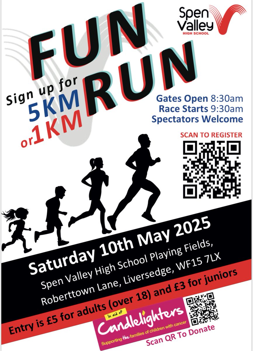 One week to go!!! Dust off your trainers and join us next Saturday (10th May), from 8.30am. To register eventbrite.co.uk/e/spen-valley-… . 
To donate to our Just Giving page justgiving.com/page/spen-vall…
All money goes to Candlelighters ♥️