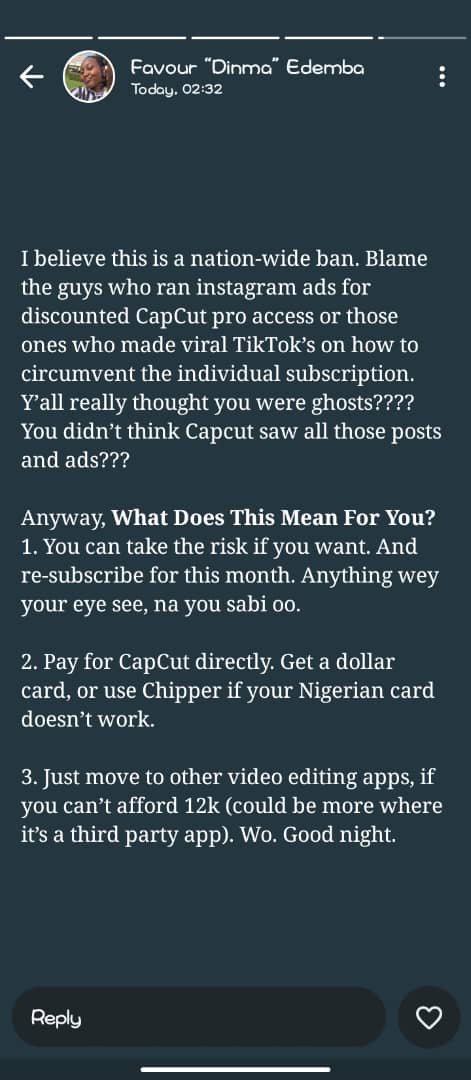 mrcreativeangel's tweet image. @reelsbymrcam, I guess we all can guess what this means 😂 
#capcut
#capcutban #capcutpro

Credit: Favour Edemba