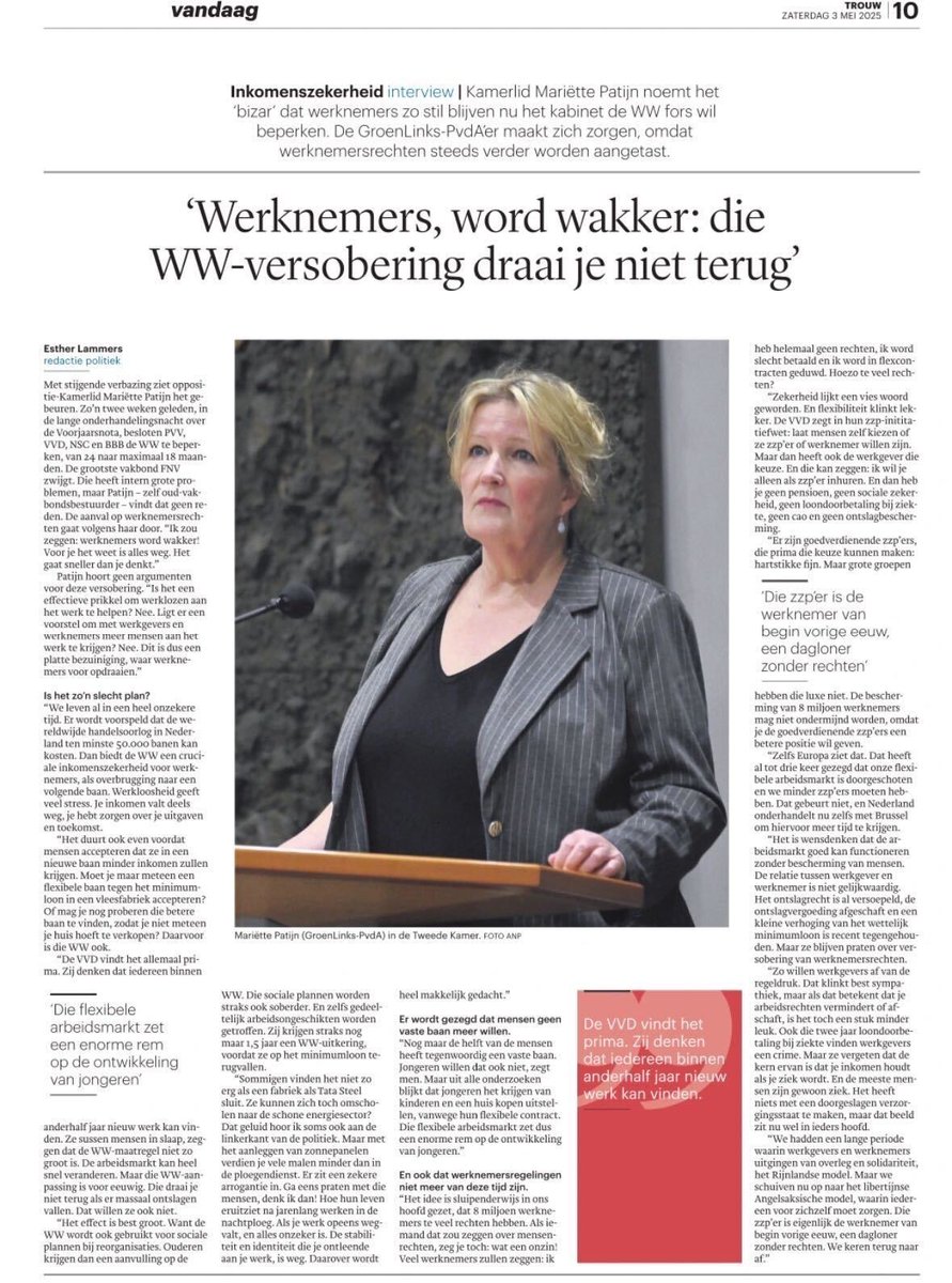 “Het is een onzekere tijd. De handelsoorlog kan 50.000 banen kosten. De WW biedt inkomenszekerheid voor werknemers. 

Laat de VVD je niet in slaap sussen. De WW-korting is een platte bezuiniging. Die draai je niet terug als er massaal ontslagen vallen. En dat willen ze ook niet.”