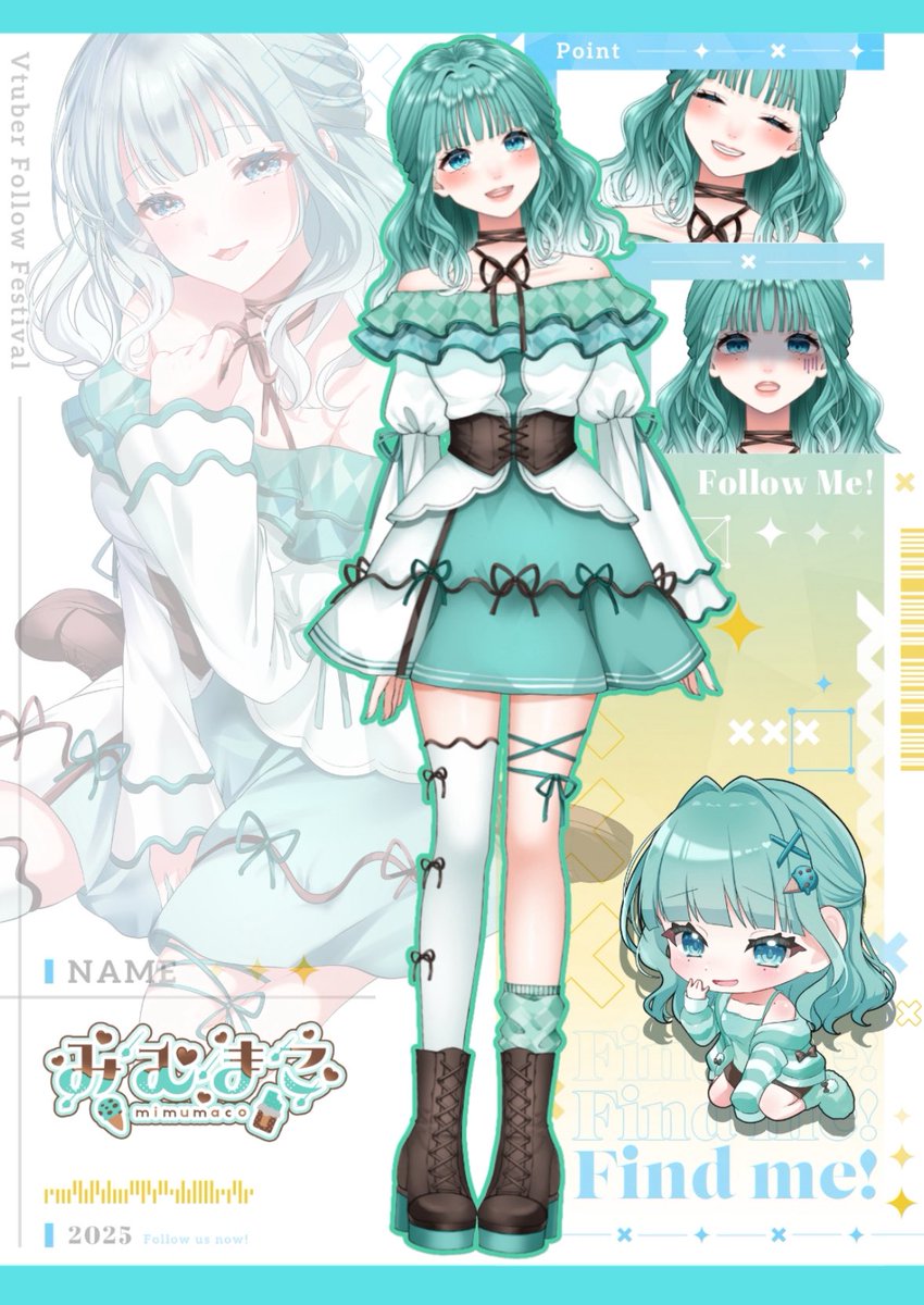 mimumaco's tweet image. ⟢───🍫新衣装公開🌱────⟢

今月から新しい姿になりました！

🌟スプラ、雑談配信多め
🌟コメント拾いまくり認知はなまる
🌟チョコミント大好き系Vtuber
🌟ぽんこつさと距離の近さがクセになる？

🩵♻️💬なかよくして下さいませ〜！

#5月のVTuberフォロー祭り︎ 
#立ち絵公開