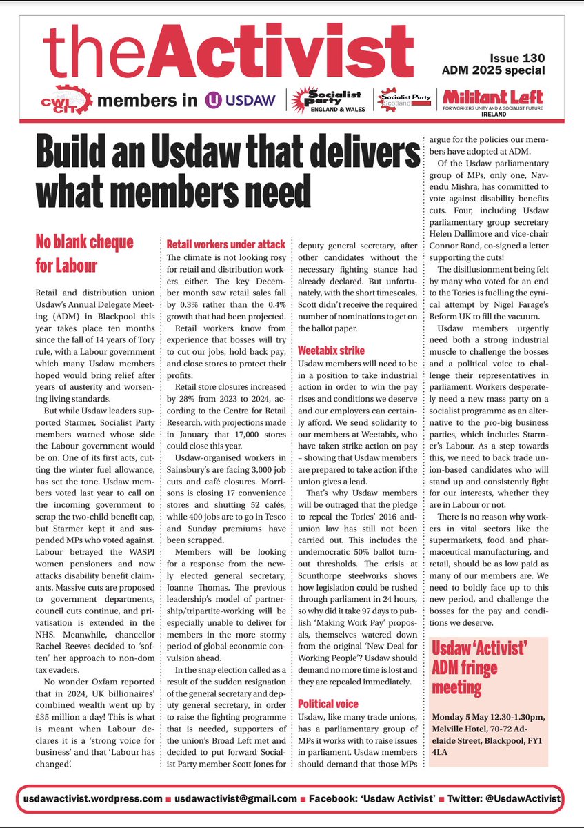 UsdawActivist's tweet image. 🚩🚩🚩Our ADM 2025 special of the Activist is now out!
👉👉👉Read the Activist online at usdawactivist.wordpress.com/2025/05/03/act…