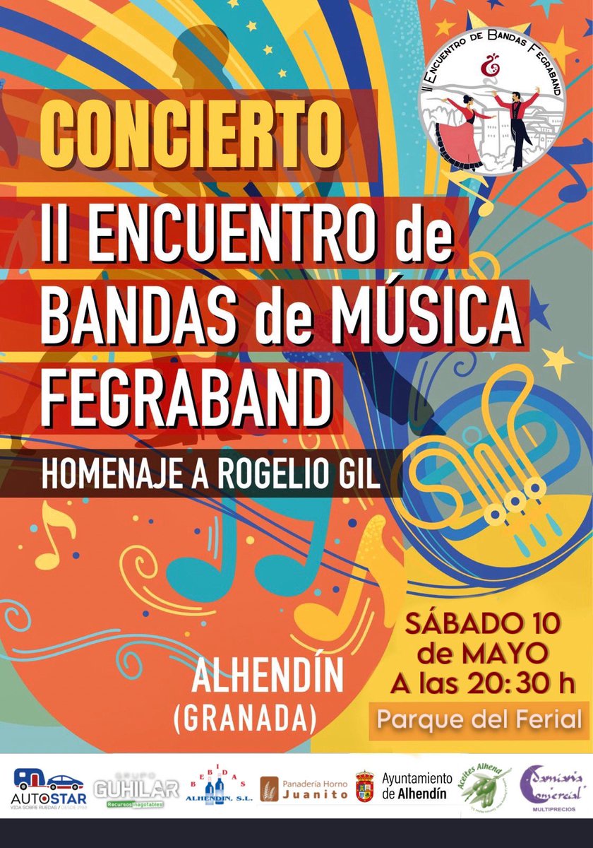🎼El próximo sábado 10 de mayo tendrá lugar el concierto del II Encuentro de Bandas de Granada. Este año se celebra en nuestro pueblo,  en homenaje a D.Rogelio Gil. 

📍Parque del Ferial
🕒 20:30 horas

¡Más de 250 músicos, no te lo puedes perder! ¡Os esperamos!

#SuenaAlhendín