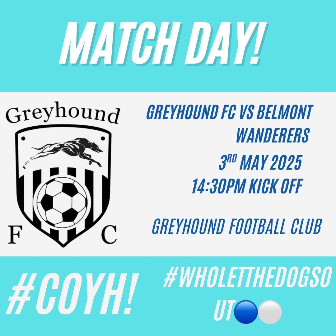 GreyhoundFC24's tweet photo. 🚨MATCH DAY!🚨

We face Belmont Wanderers this afternoon! ⚽️

A point is all we need to be crowned @HerefordshireFL Division 2 champions! 

Come and support the lads one final time and get us over the line 🔵⚪️

Bar open from 12pm 🍻 

#COYH 🔵⚪️ https://t.co/wgzaq2qBAj