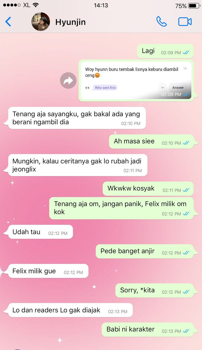 ❓ Woy hyunn buru tembak lixnya keburu diambil orng😡
💬 Kata hyunjin "udah tau" #tellonym  tellonym.me/celinilyn/answ…