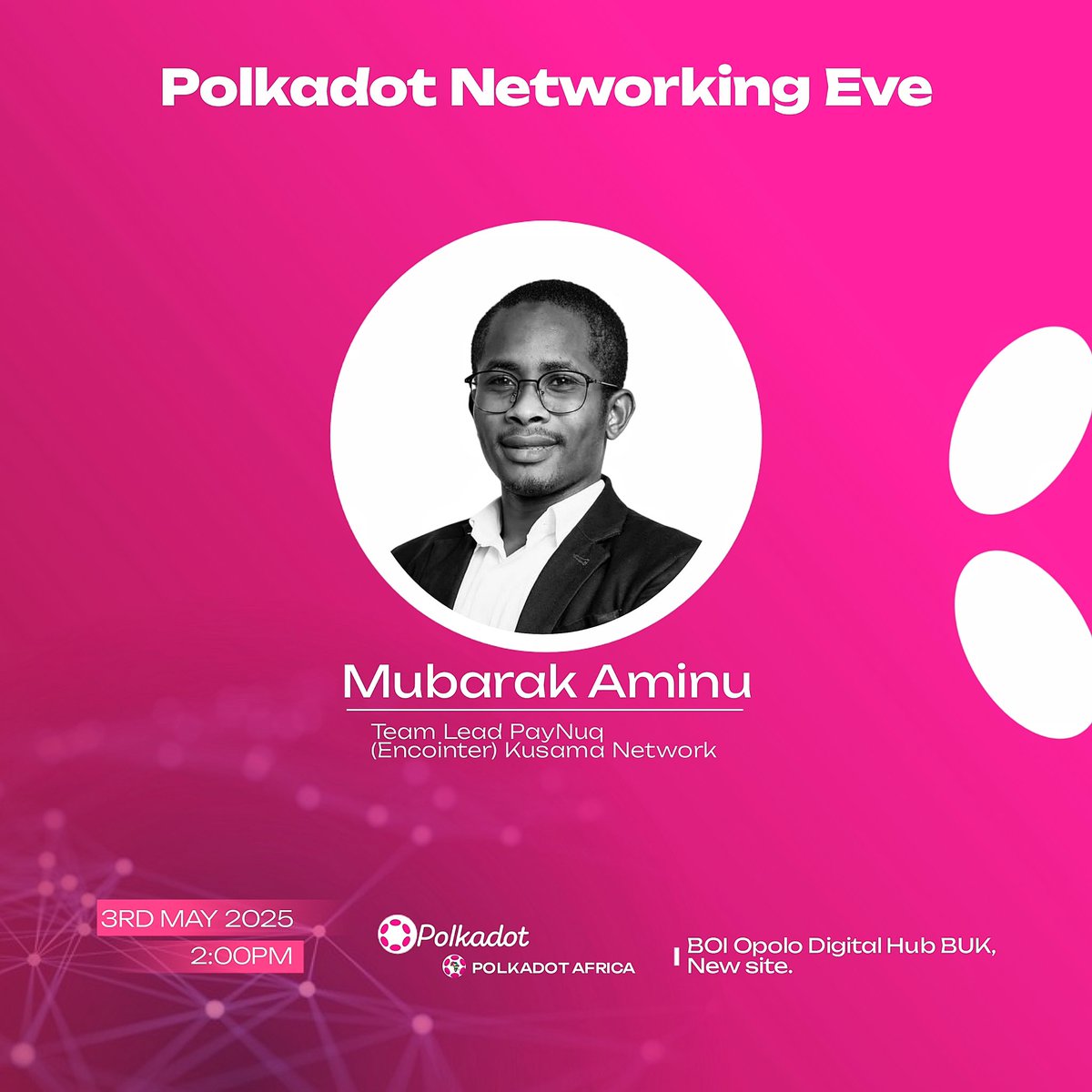 Meet our panelists 
01/2
<a href="/MubarakMAS_/">Mubarak Aminu</a> Community lead <a href="/PayNuq/">PayNuq</a> Encointer, Kusama Network
