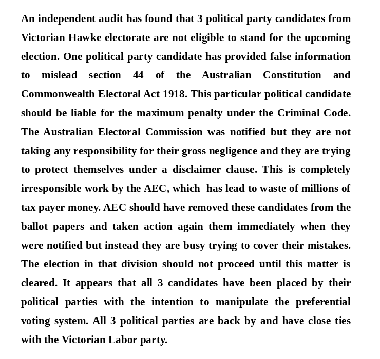 FreeWorld_4U's tweet photo. An independent audit has found that 3 political party candidates from Victorian Hawke electorate are not eligible to stand for the upcoming election. One political party candidate has provided false information to mislead s. 44 of the Australian Constitution. #auspol #Auspol2025 https://t.co/u9h9ZEKvpB