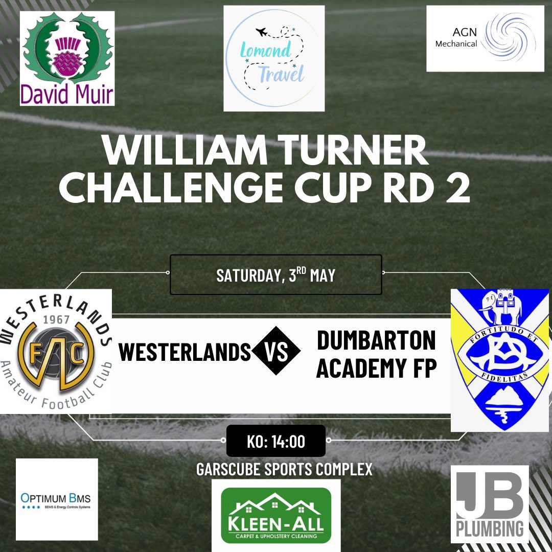 Dumbarton Academy FP (@dumbartonaccies) on Twitter photo Saturday's Fixture
William Turner Challenge Cup Round 2
<a href="/westerlandsafc/">Westerlands AFC</a>
Vs
<a href="/Dumbartonaccies/">Dumbarton Academy FP</a>
2:00pm ko
Garscube Sports Complex
<a href="/CaledonianAFA/">CaledonianLeague</a>
<a href="/scottish_aff/">AmateurFixturesResultsSCO</a>
βͺπΆπ·βͺ Saturday's Fixture
William Turner Challenge Cup Round 2
<a href="/westerlandsafc/">Westerlands AFC</a>
Vs
<a href="/Dumbartonaccies/">Dumbarton Academy FP</a>
2:00pm ko
Garscube Sports Complex
<a href="/CaledonianAFA/">CaledonianLeague</a>
<a href="/scottish_aff/">AmateurFixturesResultsSCO</a>
βͺπΆπ·βͺ
