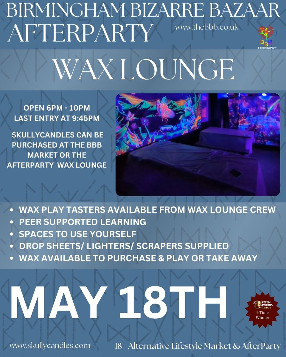 BBBAltFetBazaar's tweet image. Get ready to melt... The Wax Lounge returns to The AfterParty! Drip, tease, and sizzle in our sensual wax play space, where temperature play meets temptation. Are you brave enough to feel the heat?

#waxplay #bodysafe #skullycandles #waxonwaxoff #afterpartysunday