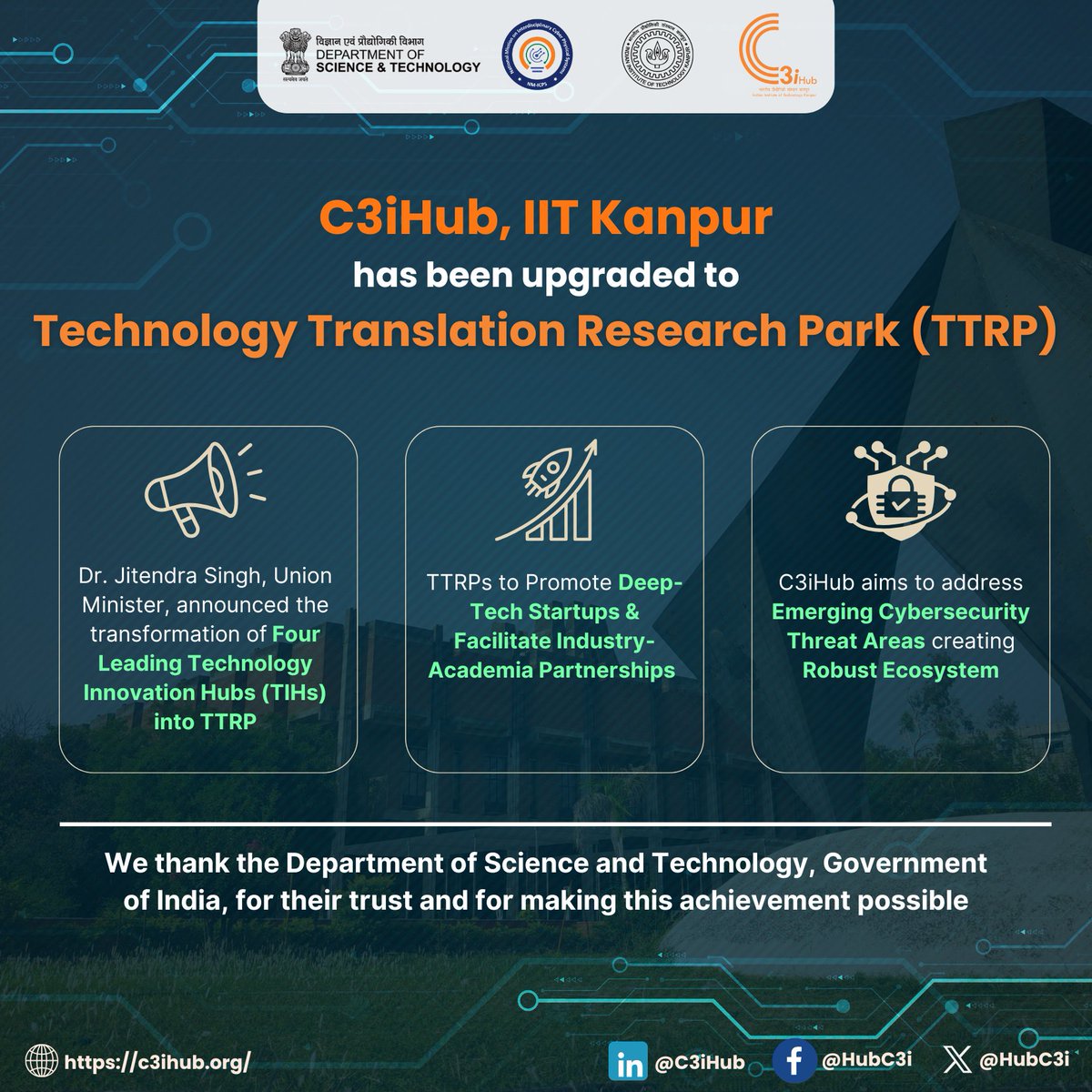 C3iHub, IIT Kanpur (@hubc3i) on Twitter photo C3iHub at the <a href="/IITKanpur/">IIT Kanpur</a> has been upgraded to a Technology Translational Research Park (#TTRP) by the <a href="/IndiaDST/">DSTIndia</a> . Among the selected institutions, C3iHub has been designated to host one of these prestigious TTRPs, with a dedicated focus on cybersecurity.
<a href="/DrJitendraSingh/">Dr Jitendra Singh</a> C3iHub at the <a href="/IITKanpur/">IIT Kanpur</a> has been upgraded to a Technology Translational Research Park (#TTRP) by the <a href="/IndiaDST/">DSTIndia</a> . Among the selected institutions, C3iHub has been designated to host one of these prestigious TTRPs, with a dedicated focus on cybersecurity.
<a href="/DrJitendraSingh/">Dr Jitendra Singh</a>