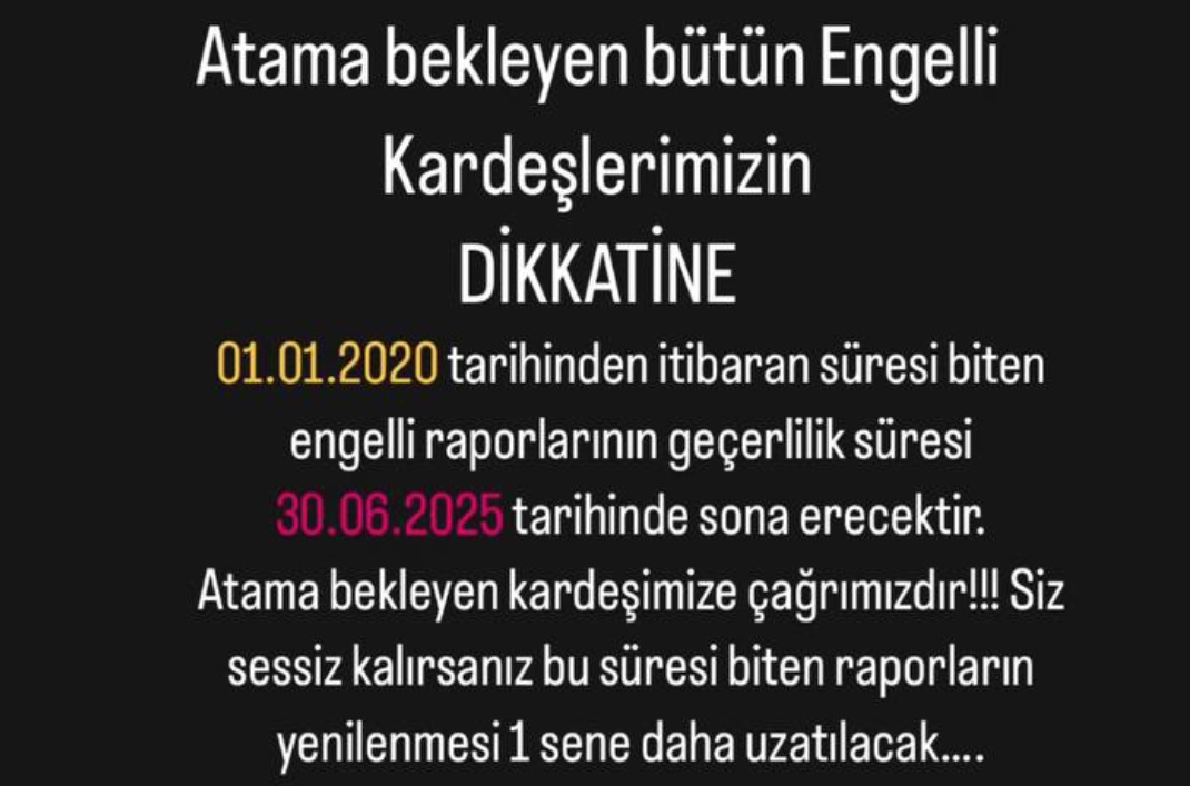 Süresi bitmiş engelli raporlarının sürelerini artık uzatmayın!! 

Binbir zorluklarla sınava giren puanını alan Engelli'nin Hakkını süresi bitmiş raporlarla elinden almayın!

@tccbiko
<a href="/senelibrahim_/">İbrahim Şenel</a>
<a href="/drmemisoglu/">Prof. Dr. Kemal Memişoğlu</a> 
<a href="/MahinurOzdemir/">Mahinur Özdemir Göktaş</a>
<a href="/isikhanvedat/">Prof. Dr. Vedat Işıkhan</a> 
<a href="/tcailesosyal/">T.C. Aile ve Sosyal Hizmetler Bakanlığı</a> 
<a href="/saglikbakanligi/">T.C. Sağlık Bakanlığı</a>