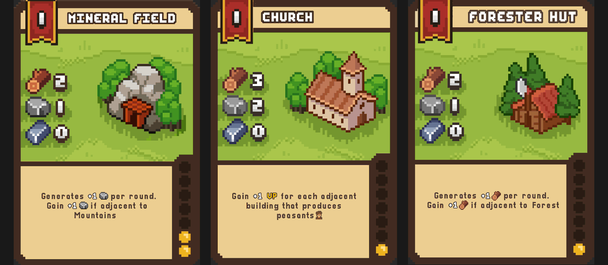 Some pixel art city-building playing cards