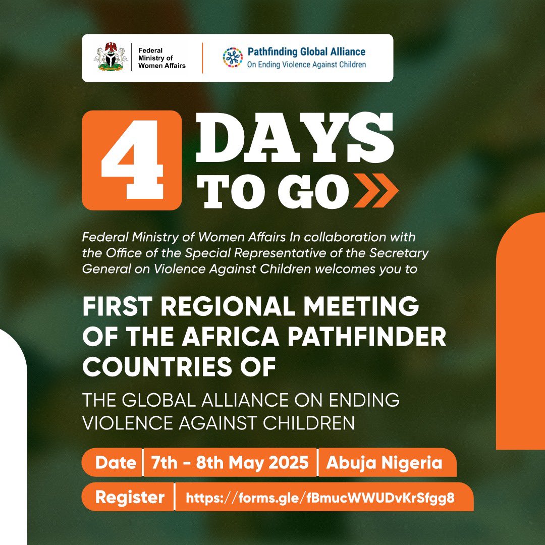 Federal Ministry of Women Affairs Nigeria (@fmwa_ng) on Twitter photo Collaboration is KEY!
The <a href="/FMWA_ng/">Federal Ministry of Women Affairs Nigeria</a> alongside the <a href="/UN/">United Nations</a> Special Representative on Violence Against Children, invites stakeholders, advocates, and policymakers to this pivotal meeting. Let’s unite to safeguard Africa’s children!
#EndViolenceAgainstChildren #AbujaforChildren Collaboration is KEY!
The <a href="/FMWA_ng/">Federal Ministry of Women Affairs Nigeria</a> alongside the <a href="/UN/">United Nations</a> Special Representative on Violence Against Children, invites stakeholders, advocates, and policymakers to this pivotal meeting. Let’s unite to safeguard Africa’s children!
#EndViolenceAgainstChildren #AbujaforChildren