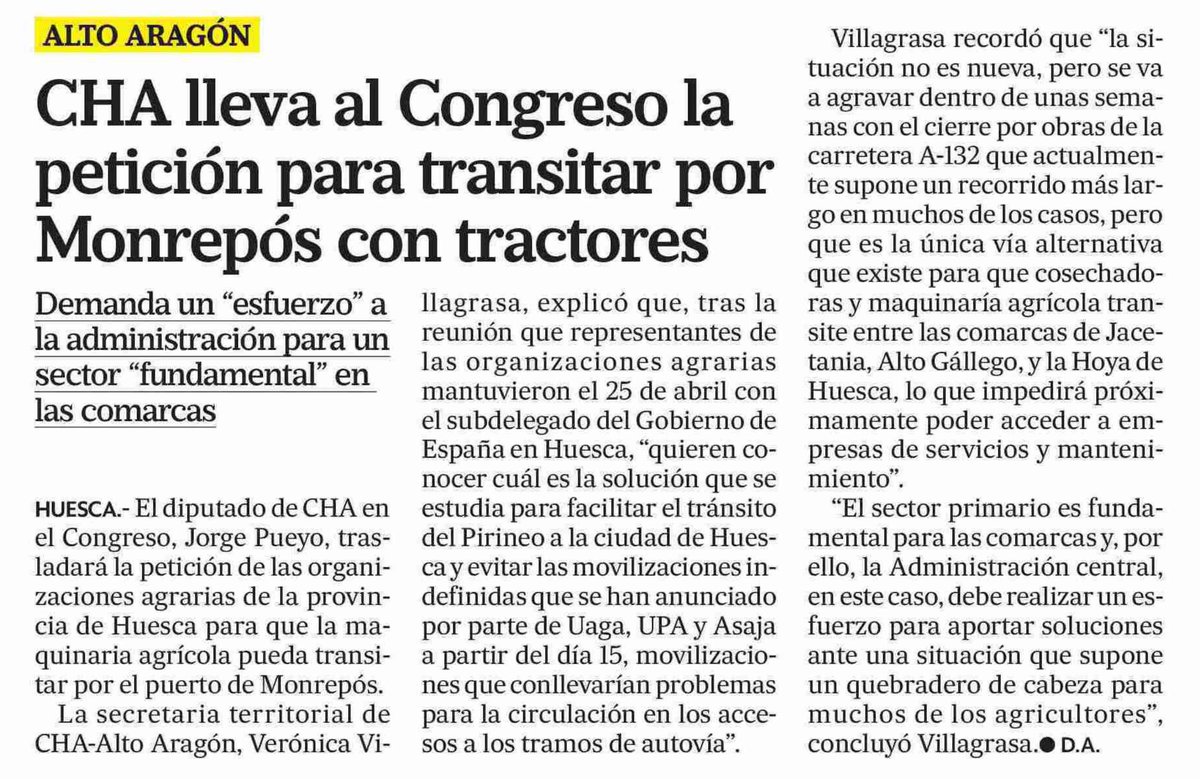 📰 <a href="/altoaragon/">Diario del Altoaragón</a>

🚜 CHA lleva al Congreso la petición para transitar por Monrepós con tractores

<a href="/Moronyka/">Verónica</a>: "El sector primario es fundamental para las comarcas y, por ello, la administración central debe realizar un esfuerzo para aportar soluciones"