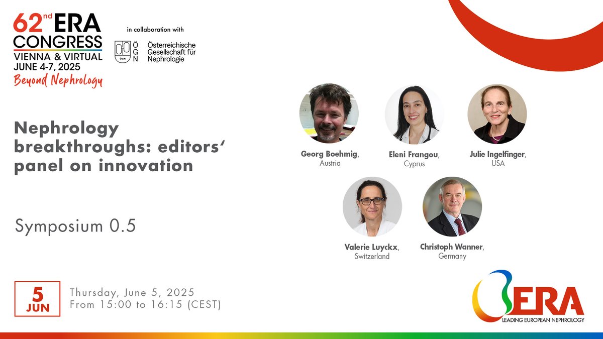 📣 Save the date! Symposium 0.5 at #ERA25 will focus on "Nephrology breakthroughs: editors‘ panel on innovation", join our speakers on
📅June 5, 15:00 - 16:15 (CEST)
Discover our Scientific Programme 👉 bit.ly/41UFxSo