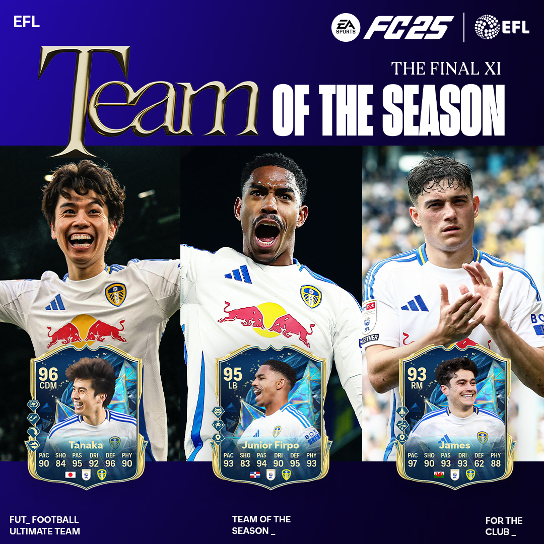 🤩 Ao Tanaka, <a href="/JuniorFirpo03/">Junior Firpo</a> and <a href="/Daniel_James_97/">Daniel James</a> have made the <a href="/EFL/">EFL</a> Team of the Season in #FC25. #TOTS