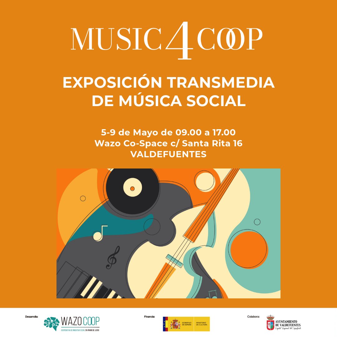 music4coop's tweet photo. 🎼 ¡Música Social del 5-9/5 en Wazo Co-Space, Valdefuentes! Recorrido interactivo: música por la igualdad y ODS. 9-17 h, entrada libre. Instalaciones transmedia para todos. ¡Ven y descubre el poder cooperativo! #MúsicaSocial #Music4Coop #WazoCoop #MúsicaSocial #Music4Coop https://t.co/gwbKLvBWOc