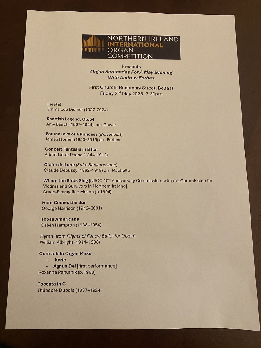 NIIOC (@niioc1) on Twitter photo A stunning recital and a wonderful premiere.
Many thanks to all who attended last night’s programme, performed by Andrew Forbes in Belfast. The premiere of <a href="/RoxannaPanufnik/">Roxanna Panufnik</a>’s Agnus Dei will live long in the memory.
<a href="/ArtsCouncilNI/">Arts Council of Northern Ireland</a> <a href="/Organ_Festival/">St Albans International Organ Festival</a> <a href="/ChoirandOrgan/">Choir & Organ</a> <a href="/RCO_Updates/">RCO</a> A stunning recital and a wonderful premiere.
Many thanks to all who attended last night’s programme, performed by Andrew Forbes in Belfast. The premiere of <a href="/RoxannaPanufnik/">Roxanna Panufnik</a>’s Agnus Dei will live long in the memory.
<a href="/ArtsCouncilNI/">Arts Council of Northern Ireland</a> <a href="/Organ_Festival/">St Albans International Organ Festival</a> <a href="/ChoirandOrgan/">Choir & Organ</a> <a href="/RCO_Updates/">RCO</a>