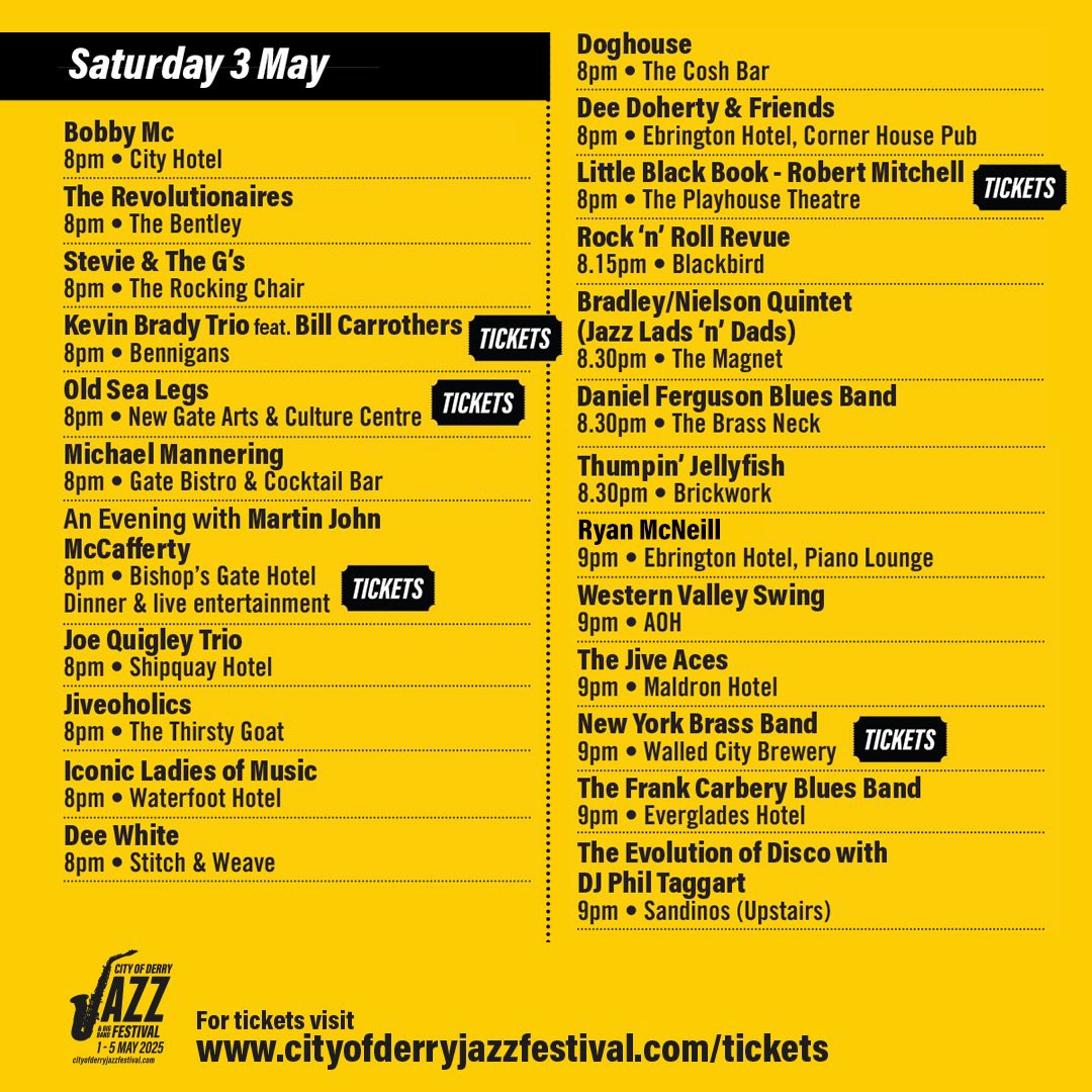 DerryJazzFest (@derryjazzfest) on Twitter photo Itโs ๐๐๐ฒ ๐ of #DerryJazzFest! Saturday morning means itโs time for our New Orleans style Second Line Parade, and we have two outdoor stages at Guildhall Square and the Craft Village.
Come along and soak up the sun, music and amazing atmosphere! โ๏ธcityofderryjazzfestival.com/listings Itโs ๐๐๐ฒ ๐ of #DerryJazzFest! Saturday morning means itโs time for our New Orleans style Second Line Parade, and we have two outdoor stages at Guildhall Square and the Craft Village.
Come along and soak up the sun, music and amazing atmosphere! โ๏ธcityofderryjazzfestival.com/listings