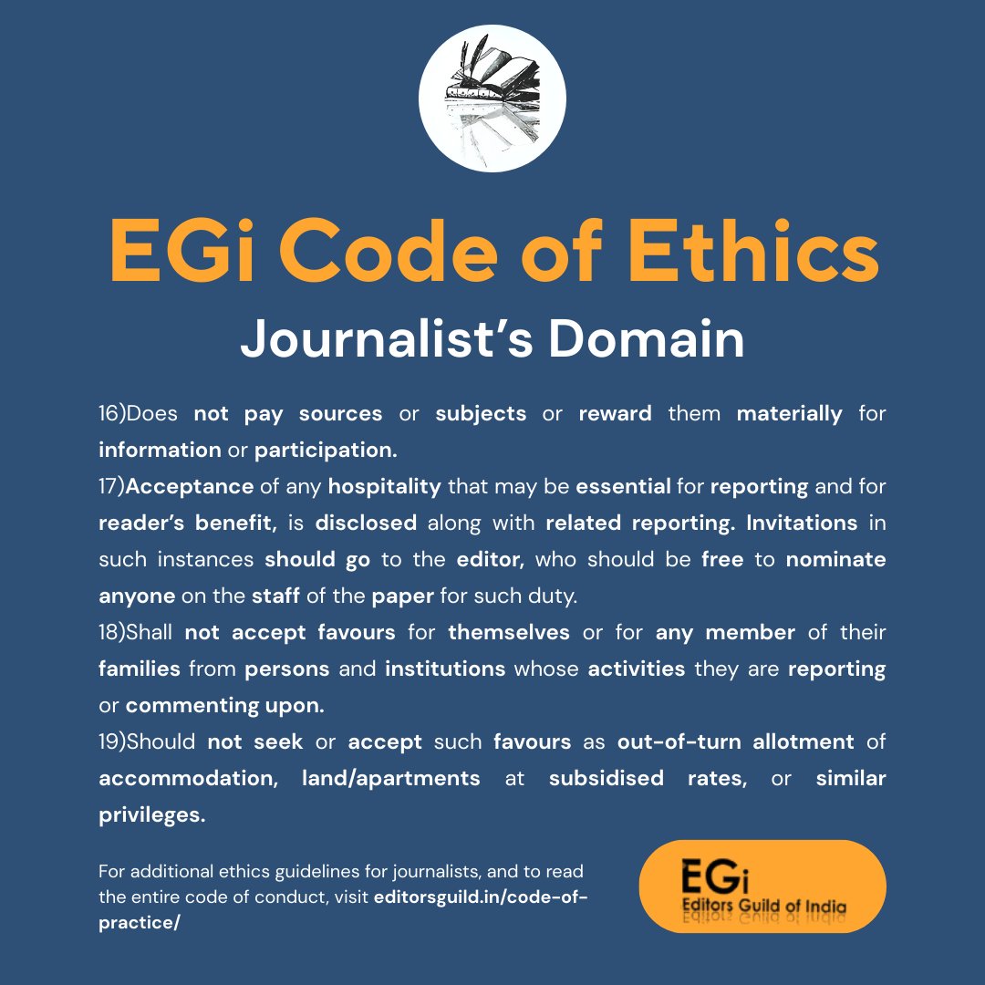 World Press Freedom Day | May 3

When misinformation overwhelms facts and readers’ trust in media is eroding, let’s reaffirm our ethical anchors.  

Read EGI’s Code of Ethics.  

Excerpted below: Guidelines for Journalists.  

Entire Code at: editorsguild.in/code-of-practi…