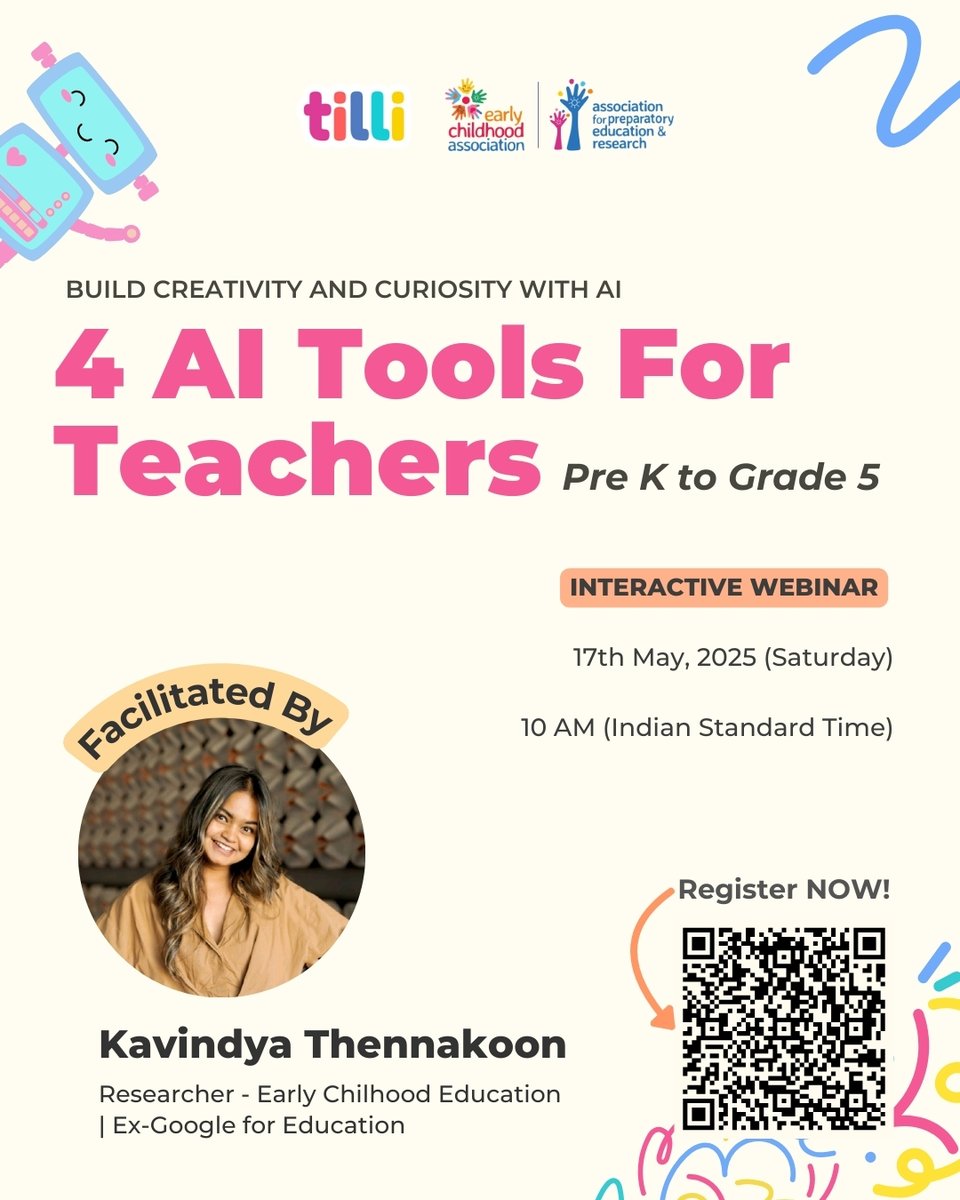 KidsTilli's tweet image. Register FREE! AI tools webinar for early teachers!
Pre-K to Grade 5 educators:
Learn 4 fun tools to boost creativity & save time! 🎨🤖
🗓️ 17 May | ⏰ 10 AM IST
🎙️ With @KavindyaT
Sign up now! bit.ly/42FQybH
#AIforTeachers #TilliKids #EdTechFun #primaryeducators
