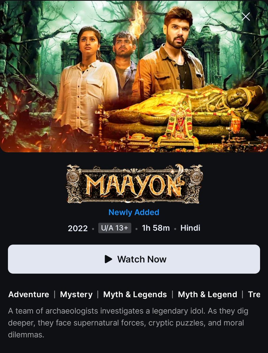 Hindi dub of Tamil film #Maayon (2022) by <a href="/DirKishore/">Kishore N</a>, ft. <a href="/Sibi_Sathyaraj/">Sibi Sathyaraj</a> <a href="/actortanya/">Tanya S Ravichandran</a> <a href="/Actor_RadhaRavi/">Dato RadhaRavi</a> <a href="/ksravikumardir/">K.S.Ravikumar</a> <a href="/Bagavat39743311/">Bagavathi perumal</a> &amp; #HareeshPeradi, now streaming on <a href="/JioHotstar/">JioHotstar</a>.

<a href="/DoubleMProd_/">Double M Productions and Consultants</a> <a href="/ManickamMozhi/">Arun Mozhi Manickam</a> 
<a href="/ilaiyaraaja/">Ilaiyaraaja</a> #MamidalaSrinivas 
<a href="/vrmadhu9/">Madhu VR</a> <a href="/divomovies/">Divo</a>