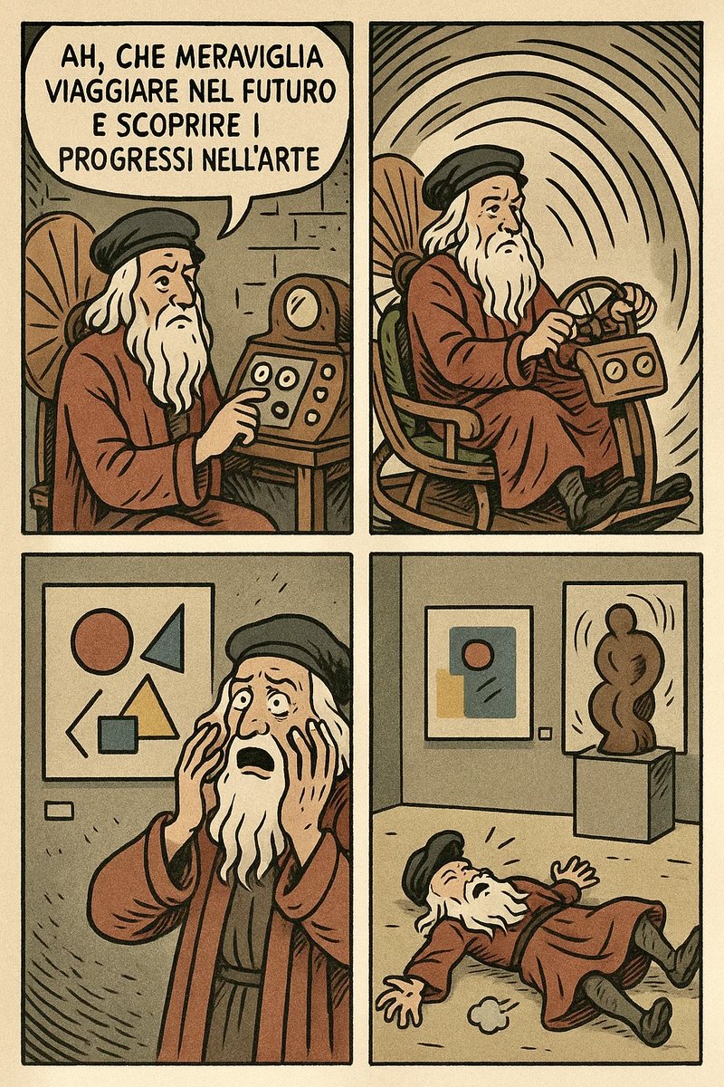 Si Leonardo Da Vinci hubiera creado una máquina del tiempo para ver los grandes avances en el arte en el futuro ….       (qué  fácil  con  AI  crear  historietas)