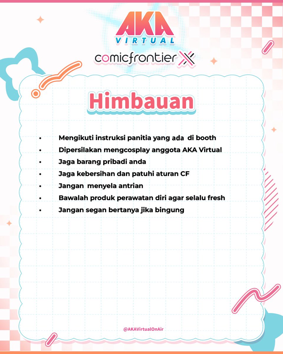 Kalian mau kasih hadiah ke talent favorit? Atau bingung boleh apa aja di booth?  
Cek semua aturan fan gifting dan himbauan saat datang ke booth kami di graphic-graphic berikut! ✨

#CFXX #AKAatCFXX