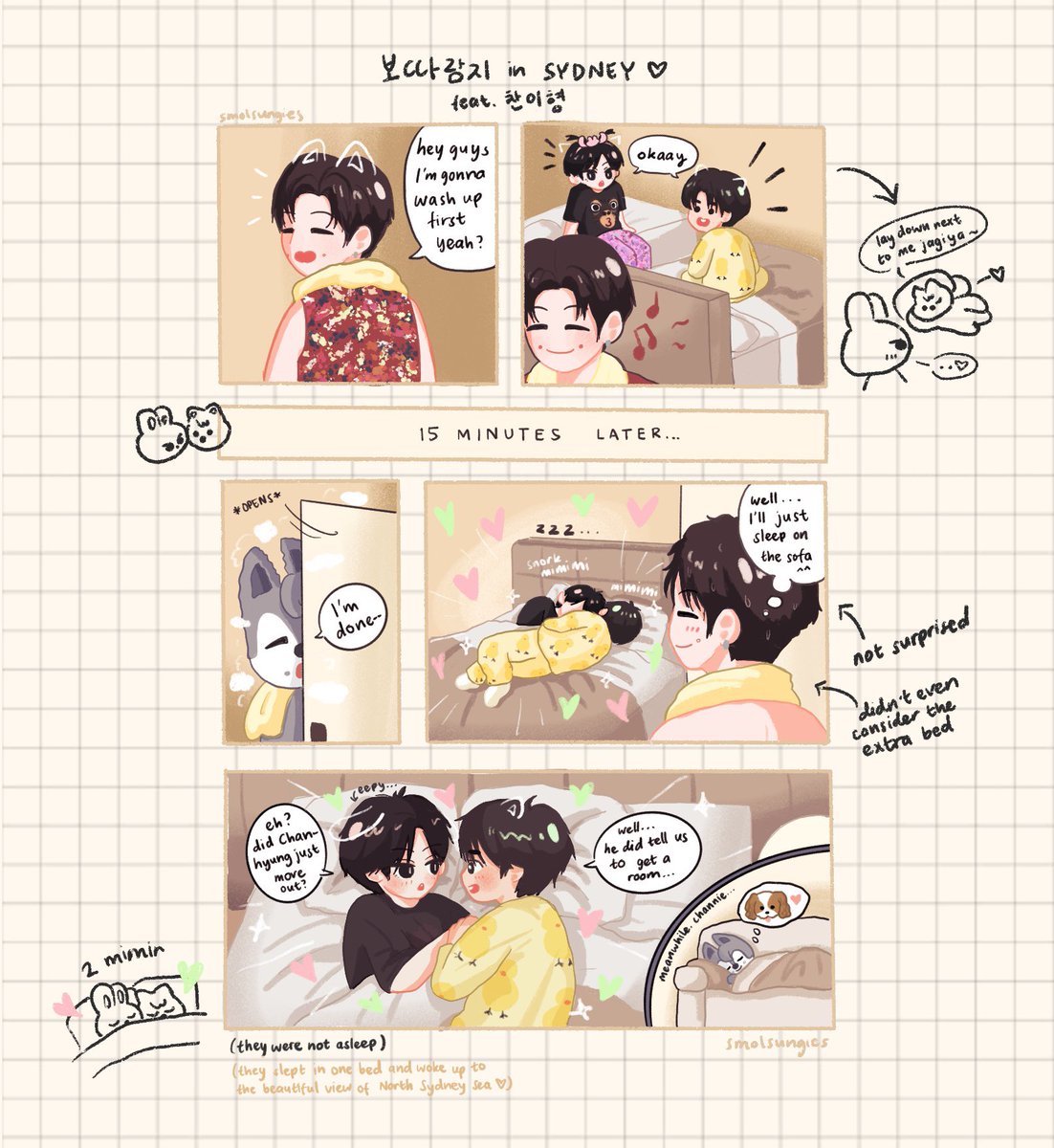 보따람지 in sydney feat chan but chan evacuated himself to the sofa so those 2 got the honeymoon bed by themselves

#minsung