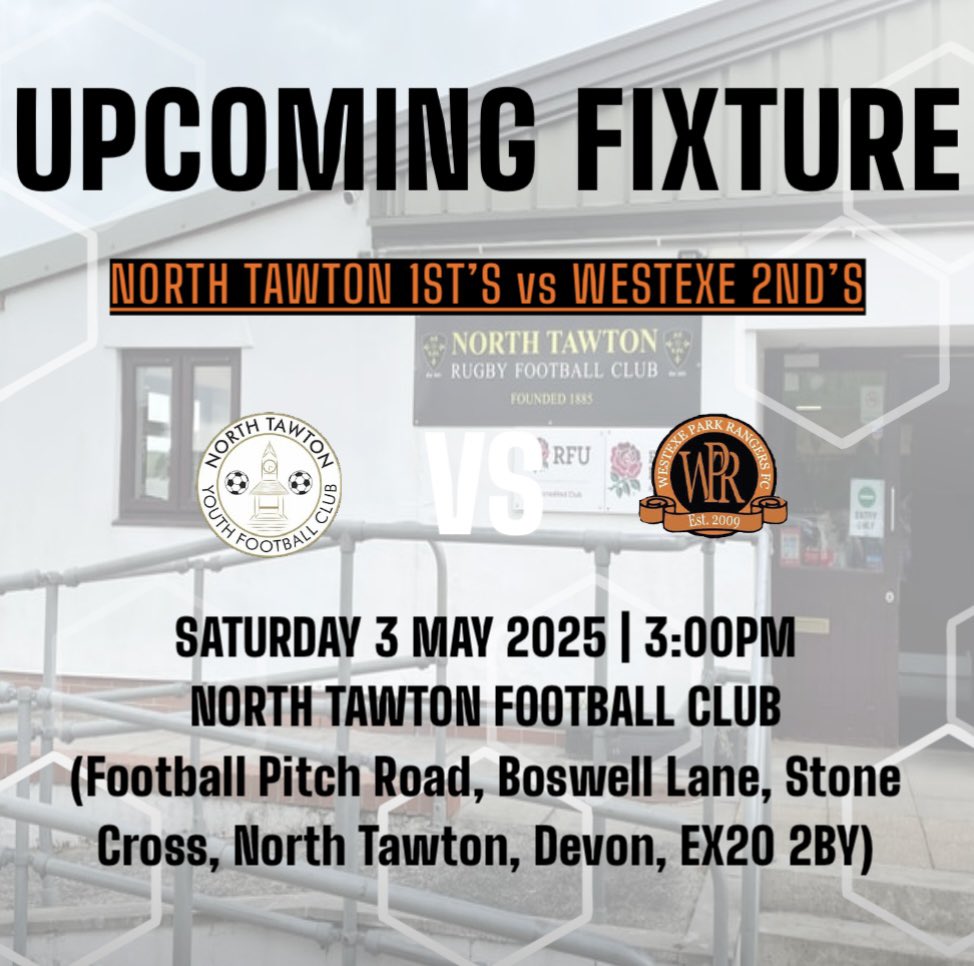 UPCOMING FIXTURES!

𝐔𝐏 𝐍𝐄𝐗𝐓!🔵🟠
Both sides back in league action this weekend…

The 1st’s;
🆚Teignmouth 2nd’s (H)
🏟️The Rec
📅03/05/25
🕒3:00 KO
🏆Division 1

The 2nd’s;
🆚North Tawton 1st’s (A)
🏟️North Tawton Football Club
📅03/05/25
🕒3:00 KO
🏆Division 7