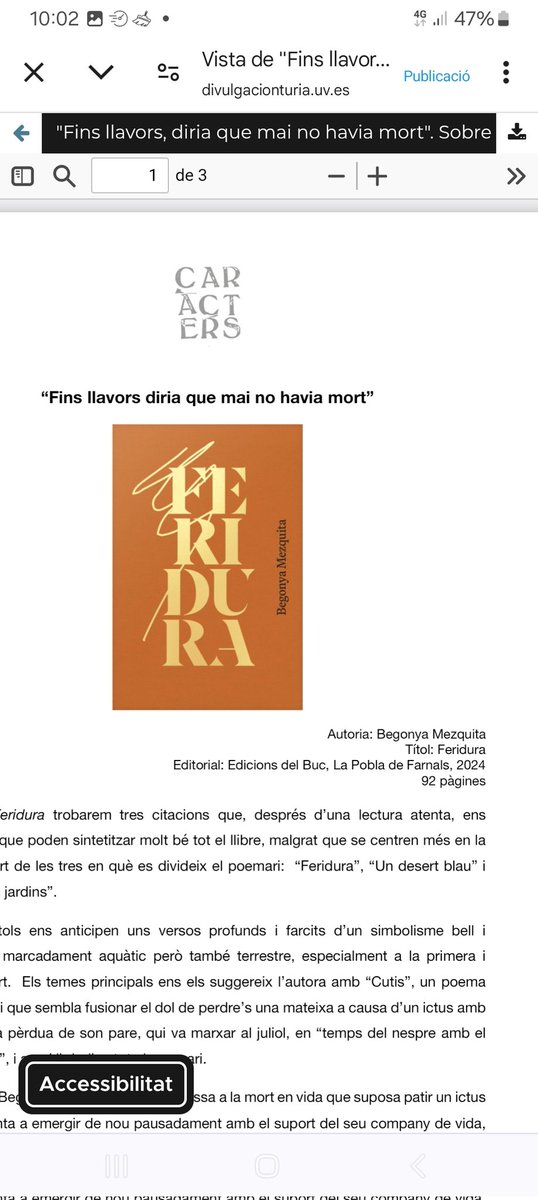 «Hi ha en algun racó del nostre cervell 1 neurona q ix a passejar els dies de sol. 
Erràtica i inadaptada, mena el timó 
del vaixell del dia amb veles inflades»

«Feridura» de <a href="/begonyamezquita/">Begonya Mezquita</a> és  per a gaudir-lo a ritme lent, com es guareixen les ferides.
divulgacionturia.uv.es/index.php/cara…