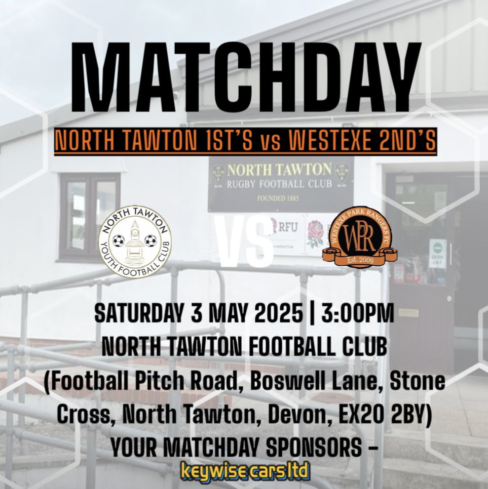 MATCHDAY! 

Two massive games in the hunt for promotion today…

The 1st’s;
🆚Teignmouth 2nd’s (H)
🏟️The Rec
📅03/05/25
🕒3:00 KO
🏆Division 1

The 2nd’s;
🆚North Tawton 1st’s (A)
🏟️North Tawton Football Club
📅03/05/25
🕒3:00 KO
🏆Division 7