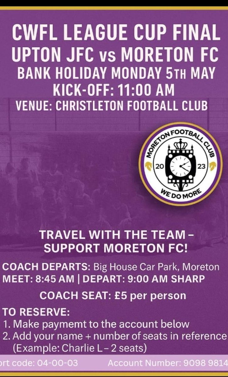 League Cup Final this Bank Holiday Monday
Limited places available on the coach leaving Big House Moreton 9:15am at the latest.
All details on the poster👍