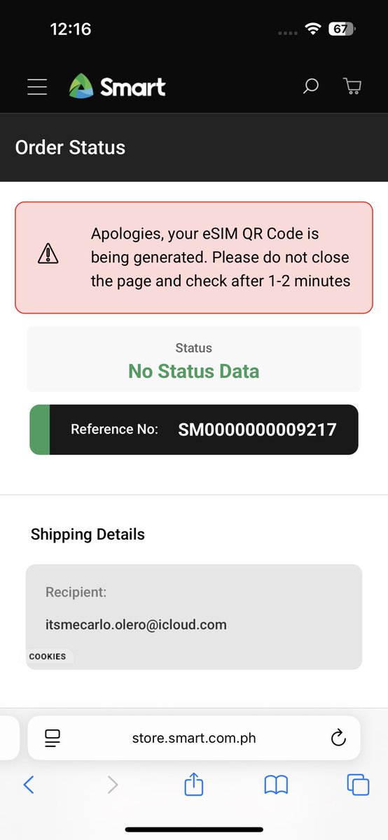 sinseversince's tweet photo. @LiveSmart Hello, please help me to track my eSIM I purchased yesterday, until today I still didn’t receive the QR order number is SM0000000009217 @SMARTCares https://t.co/Ih5RzhdvvM