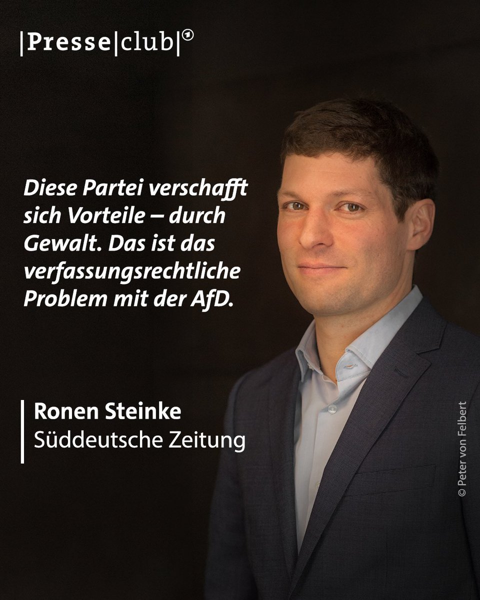 Presseclub (@ard_presseclub) on Twitter photo Die AfD gehöre verboten, findet <a href="/RonenSteinke/">Ronen Steinke</a> (<a href="/SZ/">Süddeutsche Zeitung</a>). Der Grund dafür sei klar.
#presseclub #Verfassungsschutz #Demokratie #Gutachten Die AfD gehöre verboten, findet <a href="/RonenSteinke/">Ronen Steinke</a> (<a href="/SZ/">Süddeutsche Zeitung</a>). Der Grund dafür sei klar.
#presseclub #Verfassungsschutz #Demokratie #Gutachten
