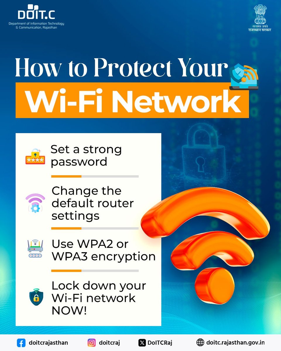 DoITCRaj's tweet image. Protect your home network from intruders by setting a strong password and using the best encryption available.
#WiFiSecurity #HomeNetworkProtection #StaySafeOnline #doitcraj