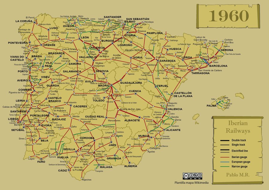 📢El tren es el medio de transporte que menos contamina y desde 1985 se han cerrado las siguientes líneas:

León-Salamanca-Plasencia
Valladolid-Aranda-Ariza
Burgos-Soria-Calatayud
Guadix- Baza-Lorca

Es necesario reabrirlas. España tiene menos líneas operativas que hace 60 años👇