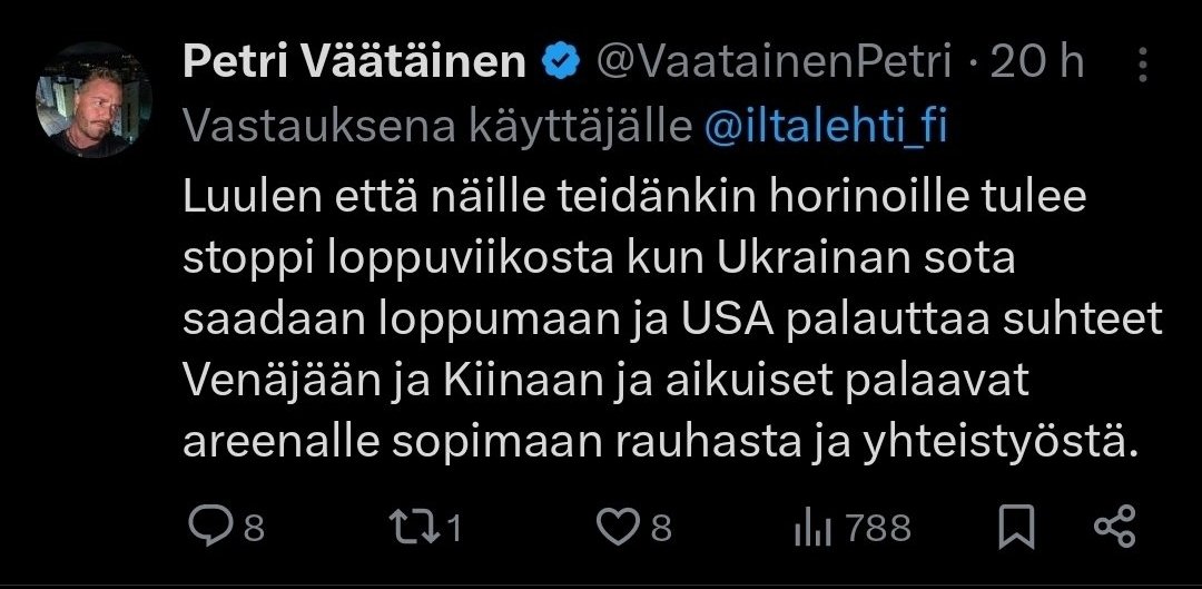 Hei <a href="/VaatainenPetri/">Petri Väätäinen</a>. Tästä alkaa olemaan nyt jo aika paljon aikaa. Milloin tää sota loppuu ja missä kohtaa Yhdysvallat palauttaa ne suhteet Venäjään ja Kiinaan? Kaverin puolesta kyselen.