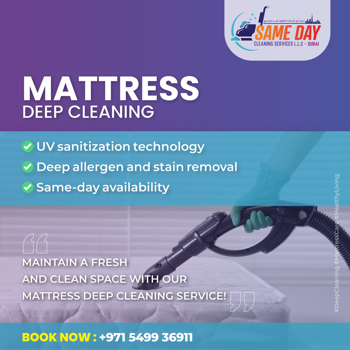 Samedayclean_'s tweet photo. Experience the magic of UV sanitization and same-day deep cleaning 
Because a clean mattress = better sleep + better health.

📞 Book now: +971 5499 36911
#deepcleaning #mattresscare #healthyliving #samedaycleaning #dubaiservices #cleanmattress #dustfreezone https://t.co/ukccls178X