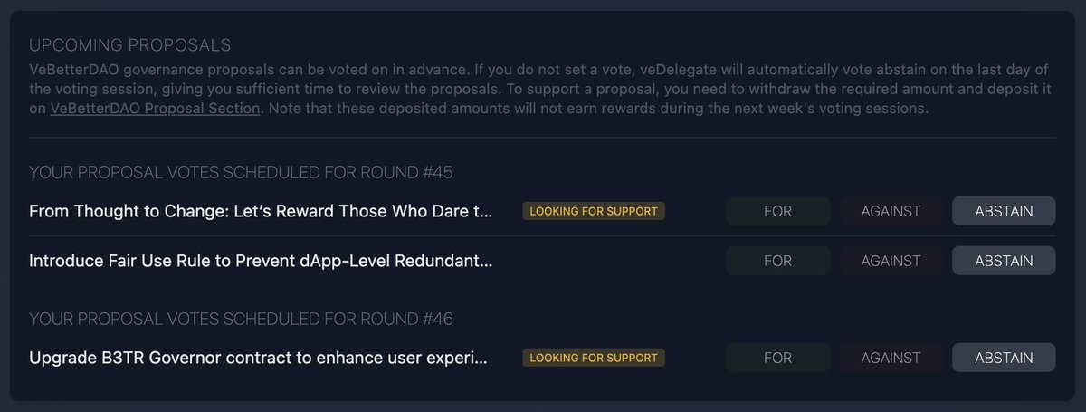 veDelegate (@vedelegate) on Twitter photo <a href="/BreakingBallz1/">Breaking Ballz</a> <a href="/NDM_Renewed/">Name Doesn’t Matter</a> <a href="/ReheatVet/">Reheat</a> We have updated the proposals section on the dashboard 😃
It now has a better and extended explanation on top as well as labels that indicate whether a proposal is looking for support or not <a href="/BreakingBallz1/">Breaking Ballz</a> <a href="/NDM_Renewed/">Name Doesn’t Matter</a> <a href="/ReheatVet/">Reheat</a> We have updated the proposals section on the dashboard 😃
It now has a better and extended explanation on top as well as labels that indicate whether a proposal is looking for support or not